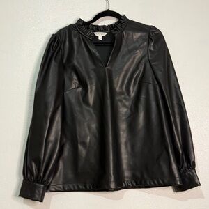 Crown & Ivy Black Vegan Leather Blouse. Long sleeved w/ruffled collar. Sz L.